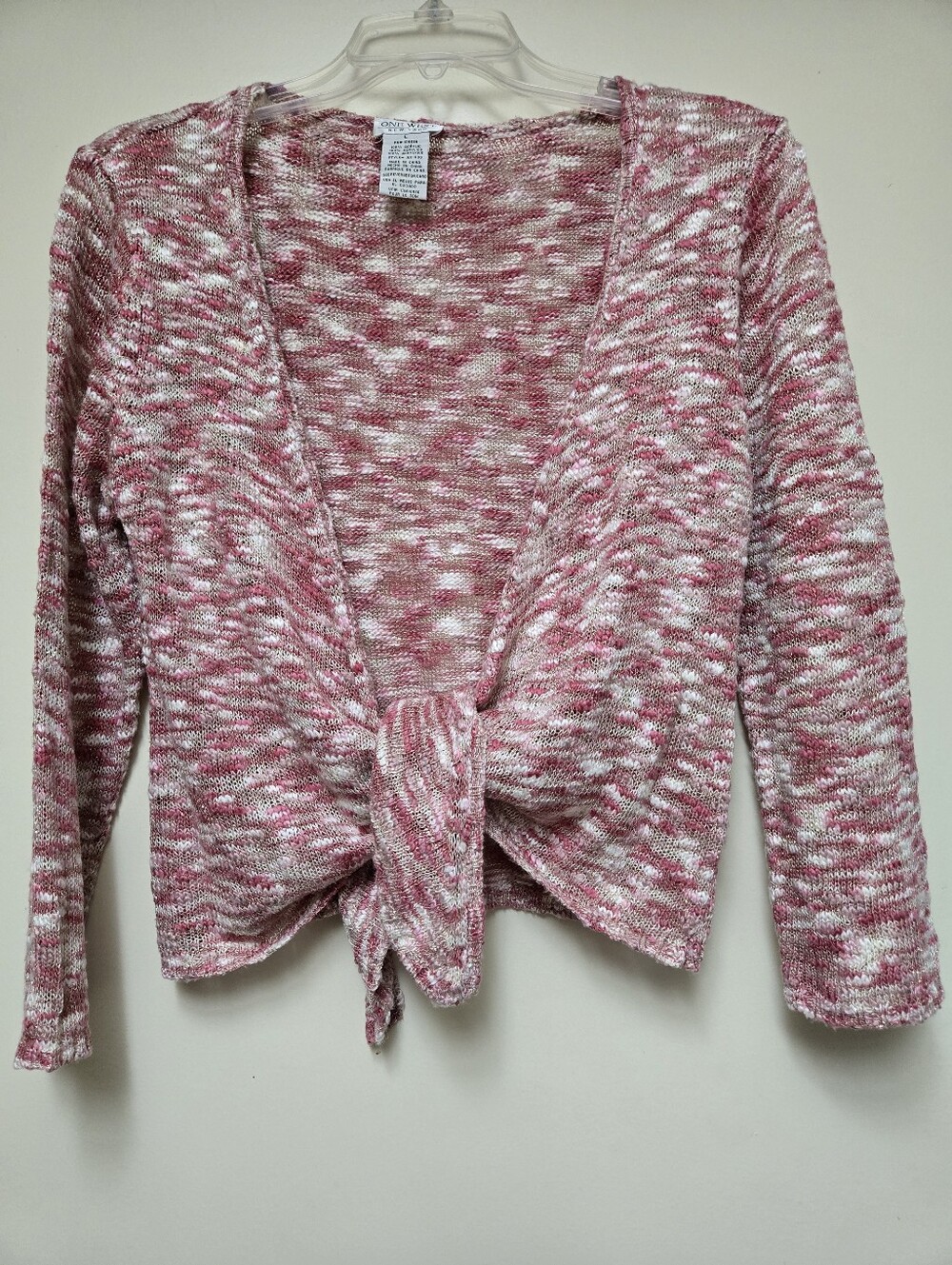 Tie-Front Open Cardigan in Pink & White Space-Dye